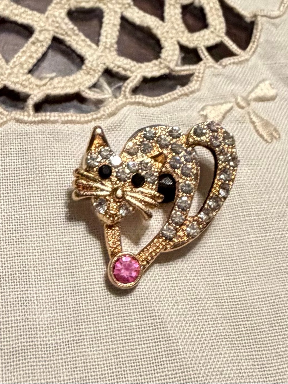 New Gold-Tone Rhinestone Cat Bag Charm with Pink Accent - jewelry